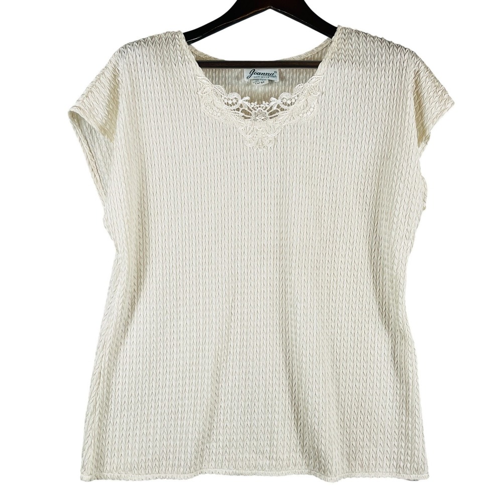 Vintage Joanna Womens L Ivory Textured Knit Lace Top Cottagecore Coquette USA
